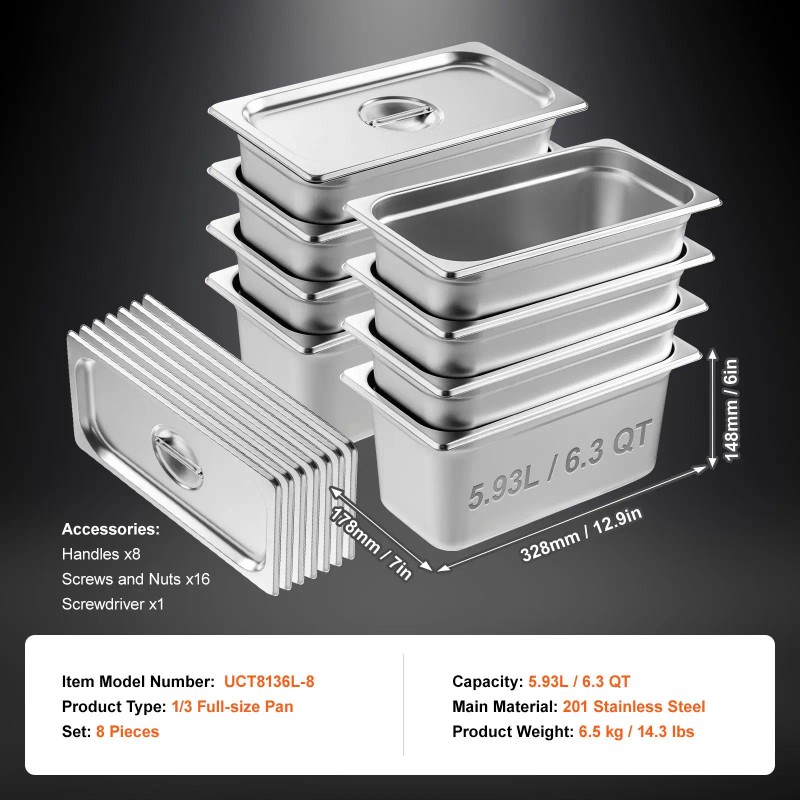8 Pack 1/3 Size Hotel Steam Table Pan Anti-Jam Lid