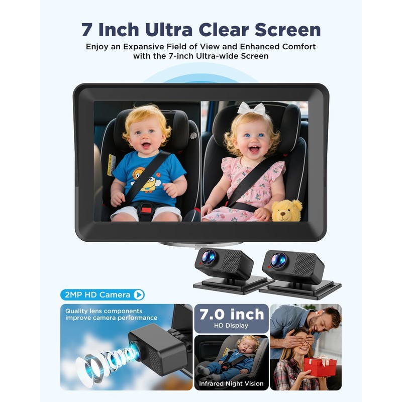 Baby Car Camera for 2 Kids - 7" IPS Split