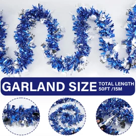 50 Ft Blue Tinsel Garlands Christmas Tree Decorations, Thick Thin Metallic Streamers Xmas 15 Meters Christmas Tinsel Garland,Garland for Indoor&Outdoor Decor (Blue)