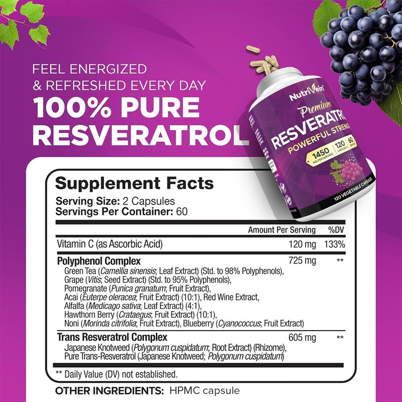 Nutrivein Premium Resveratrol 1450mg - 120 Caps: Pure Resveratrol Supplement