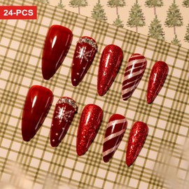 24PCS Christmas Press on Nails Xmas Long Fake Nails Cute Almond Fingernails with Snowflakes and Candy Pattern Design Glossy Shinny False Nails Full Cover Acrylic Nails for Women or Girls