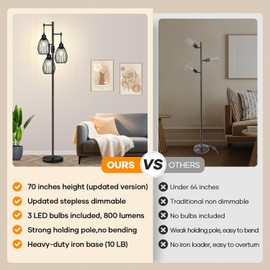 Dimmable Floor Lamp,3x800LM LED Bulbs Included, Farmhouse Industrial Floor Lamp Standing Tree Lamp with Teardrop Cage Head Tall Lamp for Living Room Bedroom Office Dining Room - Black & Marble Base