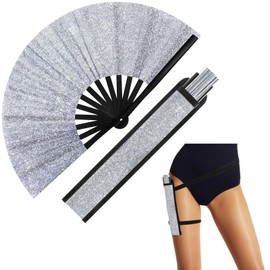 Ripeng 13" Glitter Large Rave Folding Hand Fan Clack Rave Fan for Women with Leg Strap and Fabric Case Bag for Dance, Edm(Silver)
