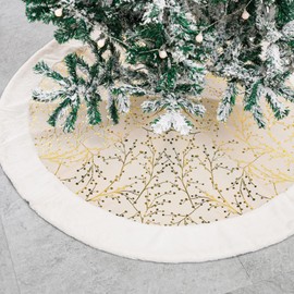 48 Inch Christmas Tree Skirt, White Plush Skirt for Merry Christmas Party with Golden Berries Snowflakes, Christmas Decorations Tree Base Mat Thick Faux Fur Velvet Rugs for Christmas Tree Decoration