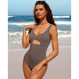 Charmo Ribbed One Piece Swimsuits for Women Cutout Scoop Neck Bathing Suit High Cut Padded Monokini, #1j Brown, X-Large