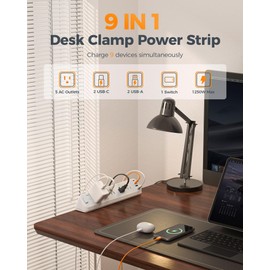 Desk Clamp Power Strip 10 Ft, TESSAN 2100J Surge Protector Desk Charging Station, 5 Outlets with 4 USB Ports (2 USB C), Flat Plug Extension Cord with Multiple Outlets for Home Office Dorm Room