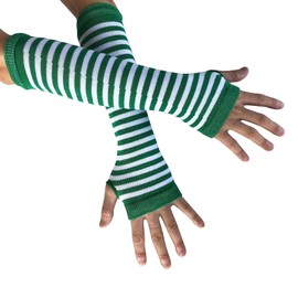 AUSUAYA Women Striped Long Fingerless Warm Gloves, Winter Arm Warmers For Punk Rock/Cosplay/Goth Party WM-S-G5 (White and Green Striped - St. Patrick's Day)