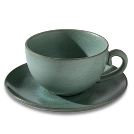 Cup and Saucer Set Turquoise Ceramic Cappuccino Mug Set of 1-10 oz Microwave and Dishwasher Safe, Perfect For Tea, Espresso, Latte - Porcelain Mugs for Kitchen or Cafe