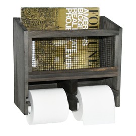 OwlGift Vintage Gray Solid Wood & Metal Mesh Wall Mounted Dual Toilet Paper Roll Dispenser & Magazine Holder Basket
