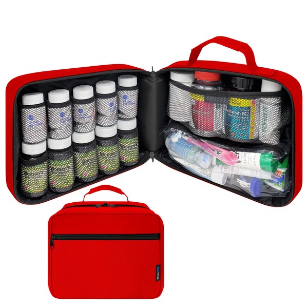 StarPlus2 Large Padded Pill Bottle Organizer, Medicine Bag, Case, Carrier for Medications, Vitamins, and Medical Supplies with Fixed Pockets - for Home Storage and Travel - Red (Without Lock)