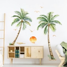 Tanlaby Wall Sticker Palm Tree Large Wall Sticker Green Leaves Tree XXL Tropical Plants Wall Sticker Sunset Beach Motif Bedroom Living Room Office Wall Decoration