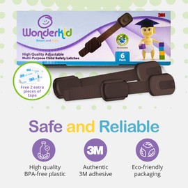 Adjustable & Reusable Child Safety Cabinet Locks & Latches, Baby Proofing Door Window, Cabinet, Toilet, & Refrigerator Lock, Child Safety Strap Locks with Adhesive Pads, Pack of 6, Brown - Wonderkid