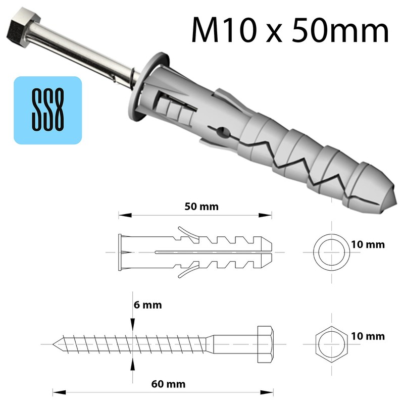 2 x Bolts with M10 x 50mm Plugs Wood Screws