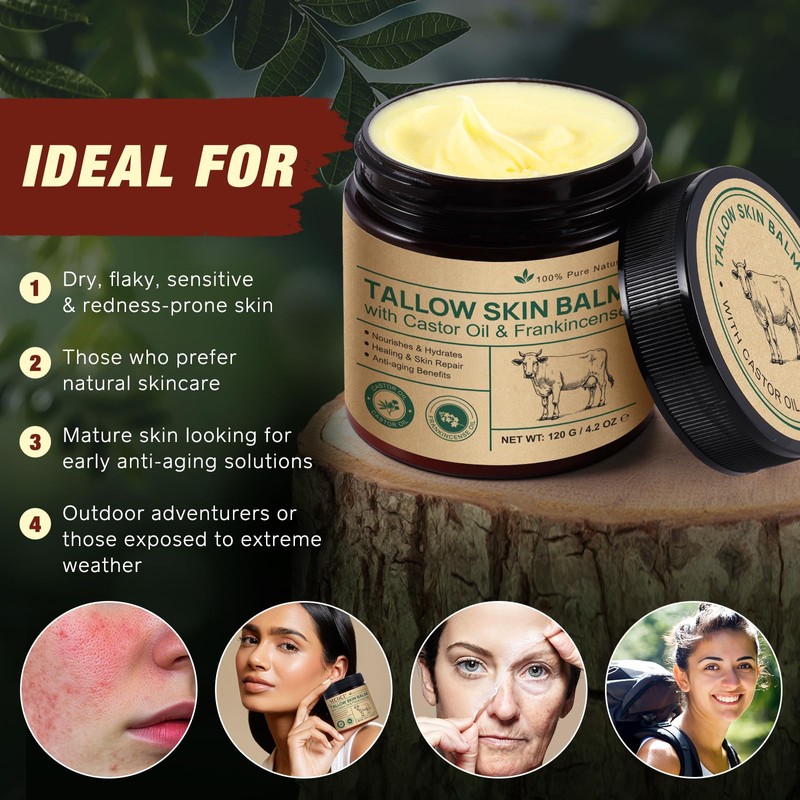 Beef Tallow Balm with Castor Oil & Raw Beeswax –