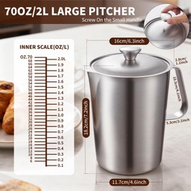 YOKUGO Stainless Steel Pitcher with Lid 2L, 70 oz Metal Measuring Cup with Handle, Large Mouth Graduated Beakers Milk Frothing Pitcher for Espresso Machine, Latte, Iced Tea, Hot & Cold Water