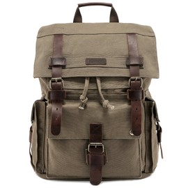 Kattee Men’s Leather Canvas Backpack Large School Bag Travel Rucksack Army Green