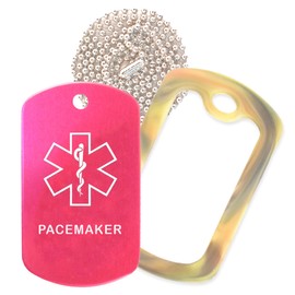 Pacemaker Medical Alert ID Necklace with Pink Hot Tag, Camo Forest Silencer, and 30'' USA Chain - 154 Color Choices