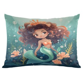 Cartoon Mermaid Girl Satin Pillowcase for Hair and Skin King Size Cute Turquoise Girl Silk Pillow Cases Soft Slip Cooling Pillow Covers No Zipper with Envelope Closure for Bed Couch 20 × 40in