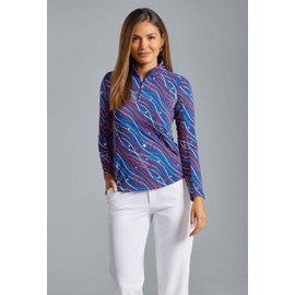 IBKUL Athleisure Wear Sun Protective UPF 50+ Icefil Cooling Tech Patriotic Confetti Print Long Sleeve Mock Neck Top – 10091 Navy Patriotic Confetti L