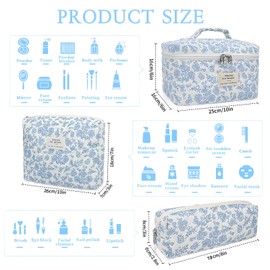 ELLECILA 3pcs Floral Makeup Bag Set, Quilted Travel Cosmetic Bags with 3 Sizes (Small/Medium/Large), Cotton Skincare Organizer for Women Girls, Blue Floral Aesthetic Toiletry Bag