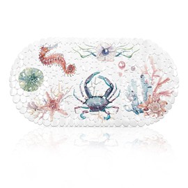 Printed Bath Mat Non-Slip, Anti Mould Bathtub Mat for Inside Bath, PVC Rubber Bathroom Mat with Suction Cups, Washable Oval-shaped Shower Mat for Kitchen Baby Kids Elderly Adults 69x35cm (Sea)