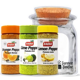 Gourmet Seasoning Set: Includes 6.5 Oz Badia Lemon Pepper, Badia Lime Pepper & Badia Orange Pepper Seasonings Plus Forever Festive Cork Lid "Jar" Zip Bag. Must-Have Gourmet Badia Citrus Pepper Bundle!