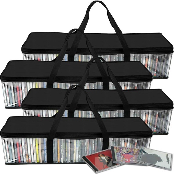Evelots CD Storage Bags (4 Pack) Clear PVC Plastic Media Carrying Case with Zipper - Holds 200 CDs Total - Strong Handles - Protects CDs, Video Games, Music from Dirt & Moisture
