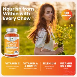 Collagen Complex Gummies for Women & Men, 500mg Collagen with Biotin, Vitamin C, E, Supports Hair, Skin, Nails, Gluten Free, Non-GMO, Natural Orange Flavour, 90 Chewable Gummies.