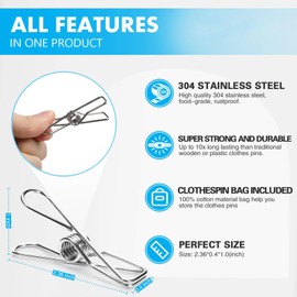 40 Pack Wire Clothes Pins Heavy Duty Outdoor, Stainless Steel ClothesPins for Hanging Clothes, Metal Clothes Pegs, Clothing Clips, Laundry Pins 1.8mm Diameter 6cm Long