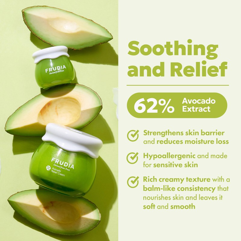 FRUDIA Avocado Relief Face Cream, Calming Korean Face Moisturizer w/62%
