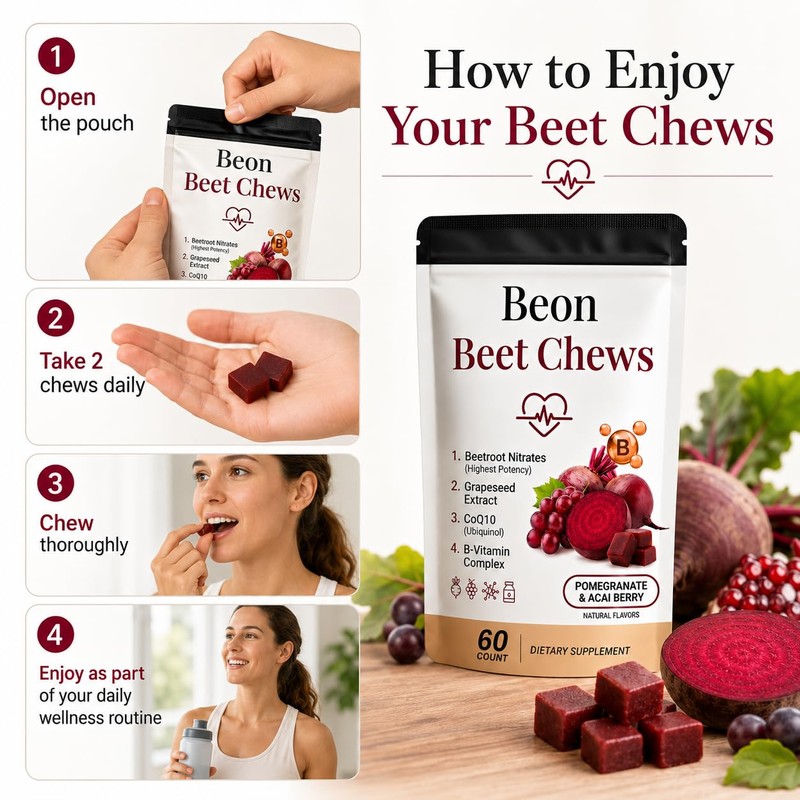 Beon Beet Chews, Beon Beetroot Chews Gummies with Grape Seed