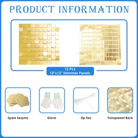 Light Gold Shimmer Wall Backdrop Square Sequin Wall Panel Backdrop Decor for Wedding, Anniversary, Birthday, Party, 12 Panels