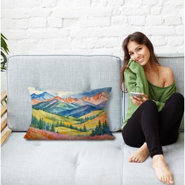 JINYO Watercolor Mountain Nature Landscape Pillow Covers 12x20, Colorful Maximalist Wildflower Meadow Forest Scenery Lumbar Throw Pillow Covers for Couch Bed Living Room Bedroom, Nature Lover Gifts