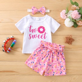FIOMVA Baby Girl Birthday Outfit Two Sweet Letter Print Bodysut+Shorts Pants+Headband Set 2nd Birthday Summer Clothes 3Pcs (Two Sweet shorts set, 2-2.5 Years)
