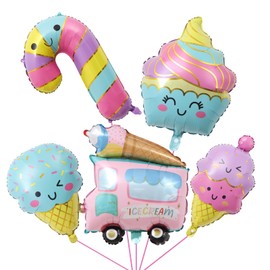 5 Pack Ice Cream Foil Balloons - Cute Cartoon Ice Cream Truck, Double Scoop, Cupcake, Single Scoop & Candy Cane Mylar Balloons for Sweet Themed Birthday Party, Baby Shower, Dessert Party Decorations