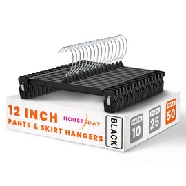HOUSE DAY Black Pants Hangers 50 Pack, 12 Inch Skirt Hangers with Non-Slip Big Clips and 360° Swivel Hook, Heavy Duty Slim Plastic Pant Hanger, Space Saving Clip Hanger for Pants, Skirts, Shorts
