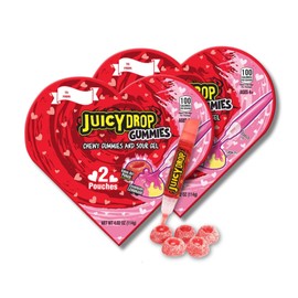 Valentine's Day Boxes - Pack of 2 - Juicy Drop Gummies with Sour Gel - Strawberry Lemonade & Knockout Punch - 4 oz. Heart Shaped Boxes