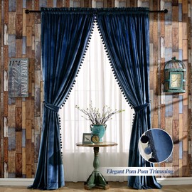 Melodieux Pom Poms Wide Velvet Curtains for Living Room Patio Doors, Vintage Luxury Bedroom Rod Pocket Thermal Insulated Window Drapes, 100" W x 96" L, Royal Blue (2 Panels)