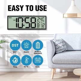 XREXS 14.5" Digital Wall Clock Battery Operated with Big Digits LCD Screen Display, Large Display Timer with Temperature Date Week Auto DST, Alarm Clock for Classroom, Livingroom, Office