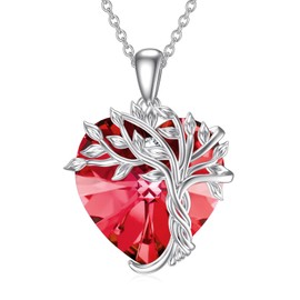 TOUPOP Heart Tree of Life Necklace Sterling Silver Red Crystal Pendant Necklace Family Tree Ruby July Birthstone Jewelry Birthday Mothers Day Gifts for Her Mom Wife