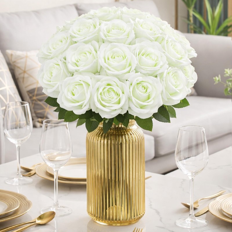 20 Pcs White Artificial Flowers Fake Artificial Roses Silk Flower