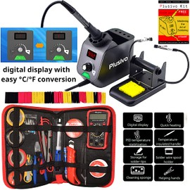 Soldering Iron Station Kit Digital Display Helping Hands 60 W 5 pcs Solder Tips, Solder Wire, Digital Multimeter °C/ºF Conversion, Standby/Sleep Mode, Calibration Support for Electricians from Plusivo