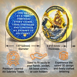 Sobriety Coin with Liquid Sand, Recovery Ship Challenge Coin, One Day at a Time AA Token, Through Every Storm I Rise Stronger Medallion Recovery Gift (Liquid Sand Ship Sobriety, 4 Years)