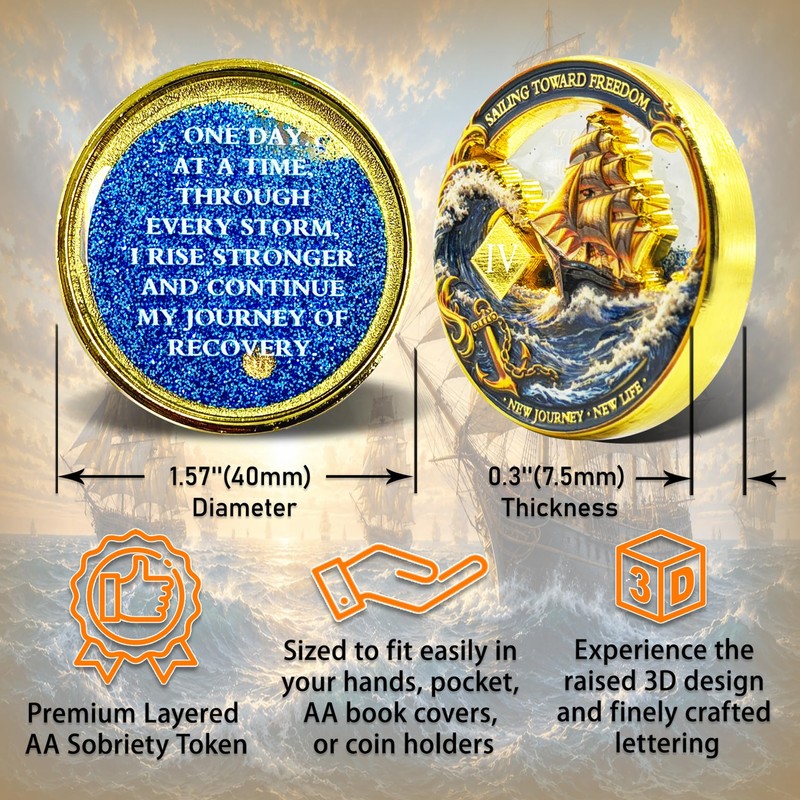 Sobriety Coin with Liquid Sand, Recovery Ship Challenge Coin, One