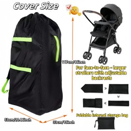 Stroller Travel Bag for Airplane Gate Check with Reflective Safety Strips 46''*21''*13'' Waterproof Tear-Resistant Oxford, Adjustable Padded Straps & Dual Drawstring Closure Fits Most Strollers, Black