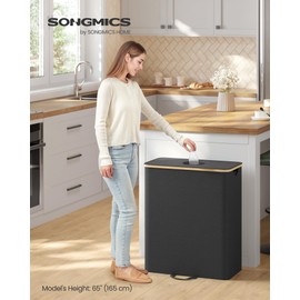 SONGMICS Recycling Bin for Kitchen 35.7 Gallon. Bottle Recycling Container, Collection Bin, for Metal, Plastic, Paper, Glass, Inner Bag with Handles, Kitchen, Ink Black and Natural Beige URRB513B01