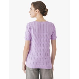 Cable Stitch Women's Ripple Stitch Short Sleeve Sweater - Crewneck Pointelle Knit Cotton Pullover Top (Large, Lilac)
