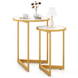 Giantex Nesting End Tables Set of 2, Round Stacking Side Table, Modern Nesting Coffee Table with Marble Pattern Wooden Tabletop & Golden Metal Frame, Nesting Tables for Living Room, Small Space, White