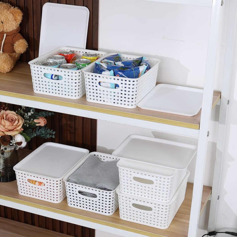 Hespama White Lidded Storage Baskets, Plastic Desktop Organizer Baskets, 6