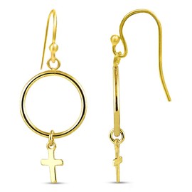 Charmsy Sterling Silver Jewelry Yellow Gold Circle with Cross Charm Drop Dangle Earring for Teens 38 MM